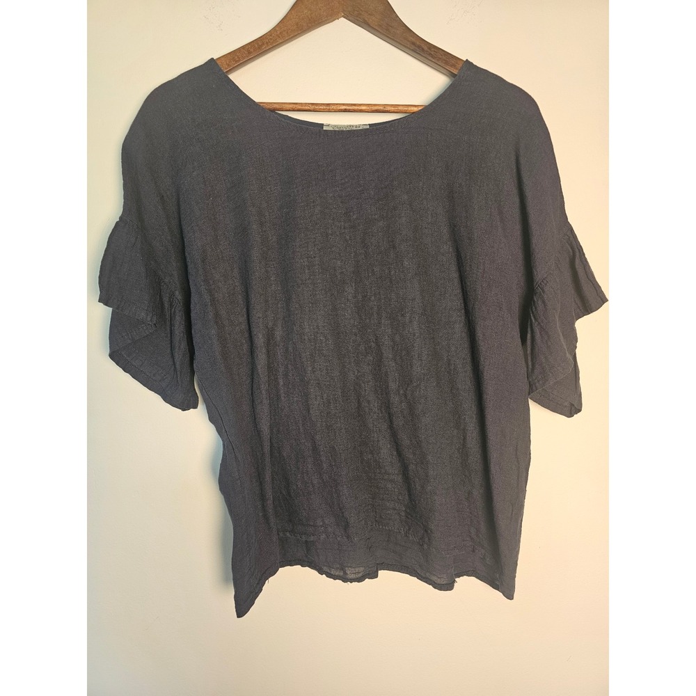 Coastal Elena Baldi Linen Ruffle Sleeve Top Women Size S Navy Blue Made in Italy
